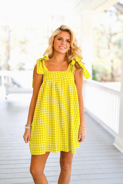 Nancy Summer Mini Tie Dress - Lime Gingham