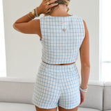 Olivia Tweed Plaid Vest Set-Blue/White