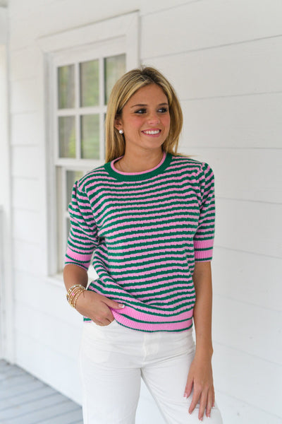 Lillie Striped Puff Sleeve Sweater Top - Green Pink