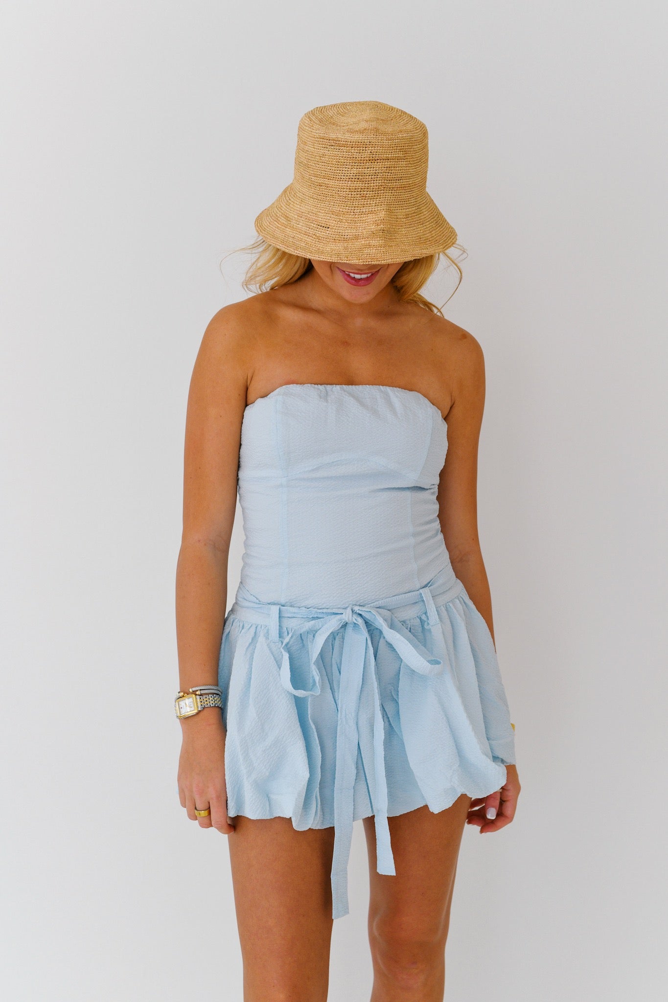 Avery Bubble Hem Skort Romper - Baby Blue