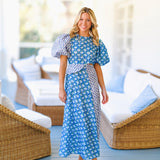Bella Puff Sleeve Midi Dress - Blue/Green