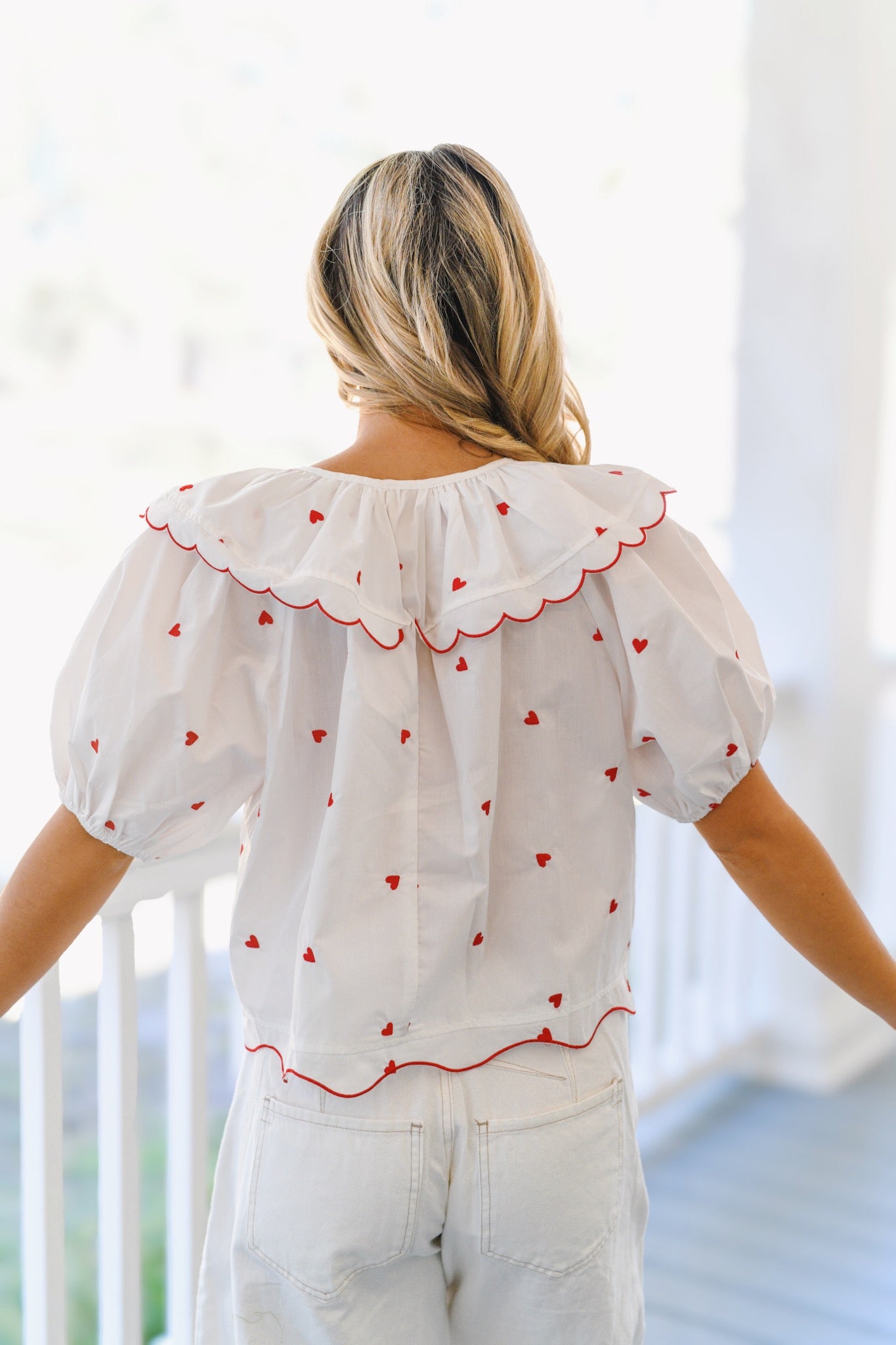 Meredith Heart Embroidered Top - White/Red