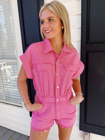 Payton Striped Elastic Waist Button Short Sleeve Romper- pink