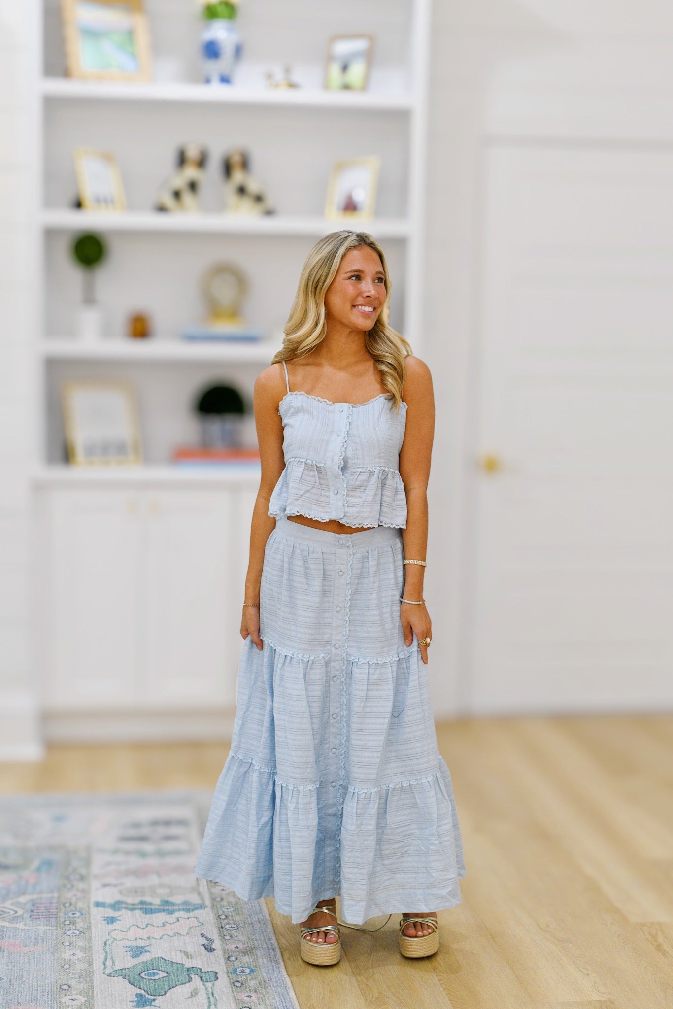 Winnie Lace Trim Top and Midi Skirt Set - Lt Blue