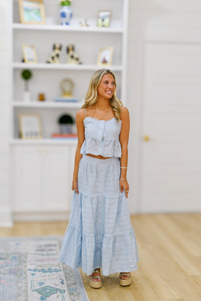 Winnie Lace Trim Top and Midi Skirt Set - Lt Blue