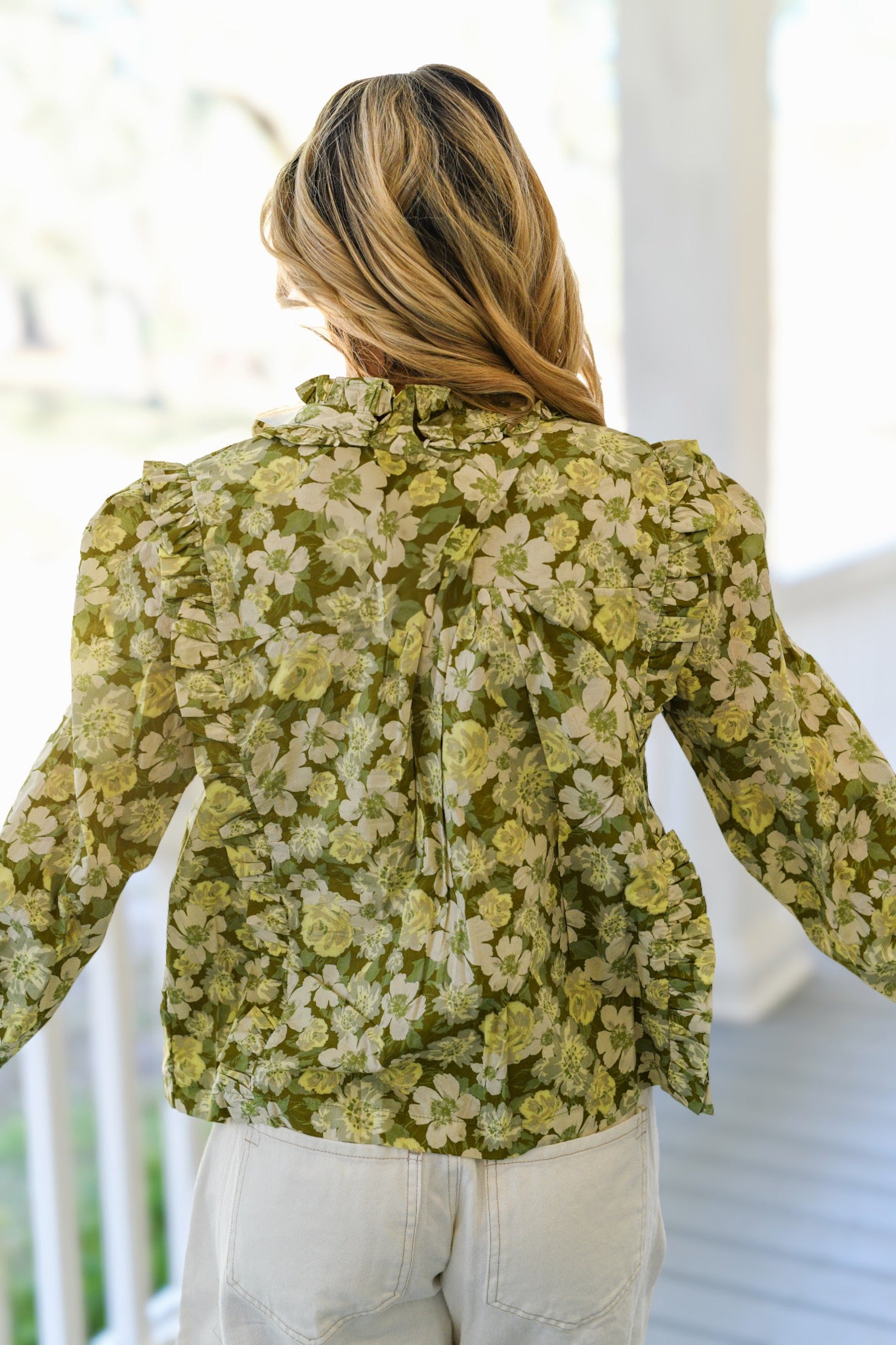 Maureen Pintuck Ruffle Top - Olive Floral