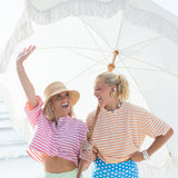 Fancy Buttoned Striped Short Sleeve Top