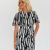 Logan Puff Sleeve Mini Dress - Black/White Abstract (PREORDER)