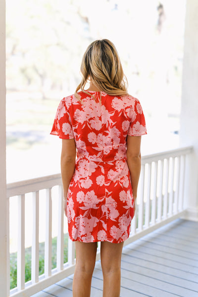 Hallie Floral Round Neck Mini Dress - Red/Pink