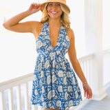 Addelyn Frill Halter Mini Dress - Blue/White