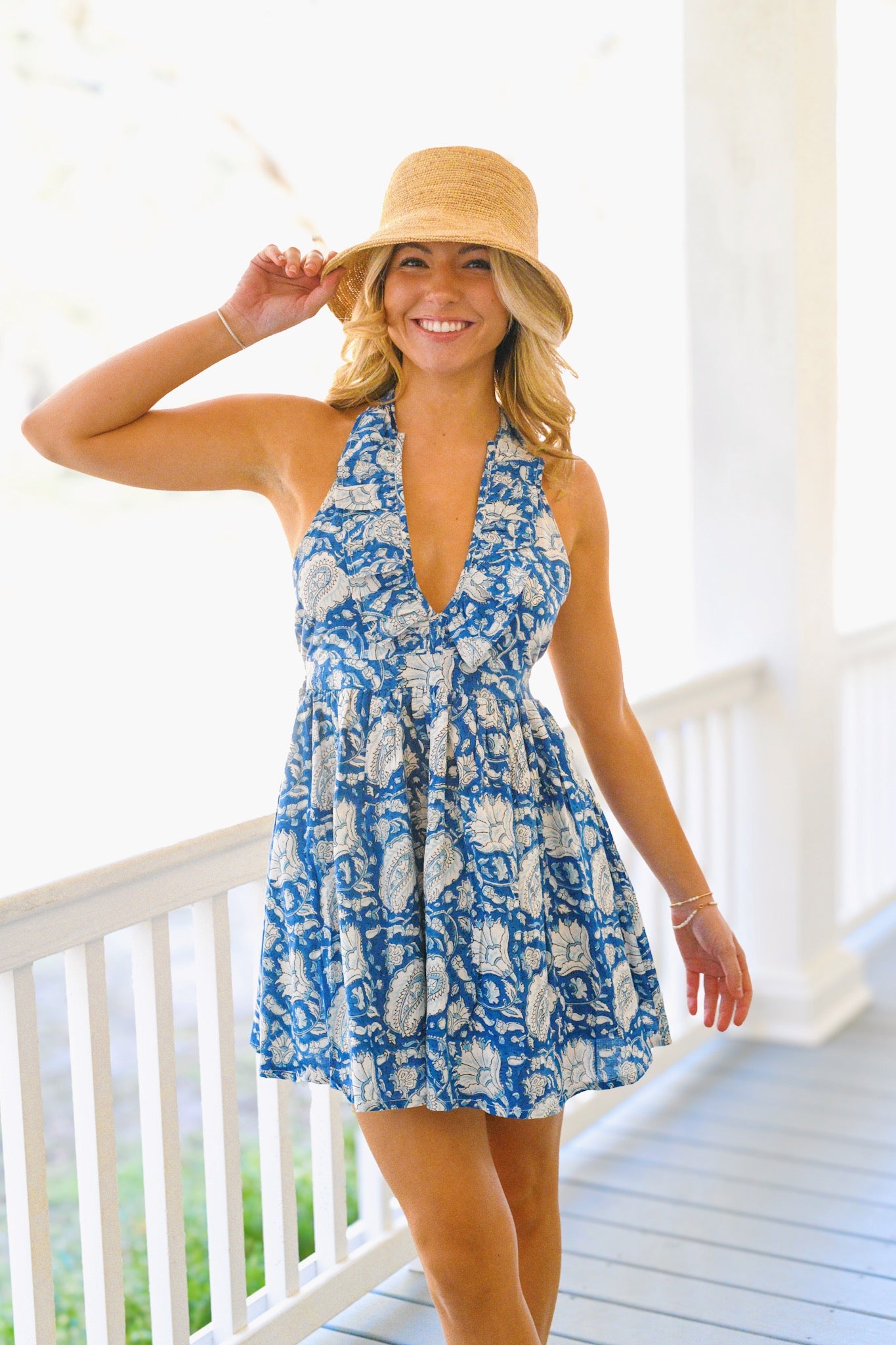 Addelyn Frill Halter Mini Dress - Blue/White