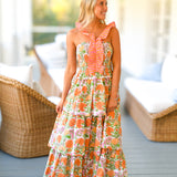 Rossi Floral Ruffle Tier Dress  - Orange