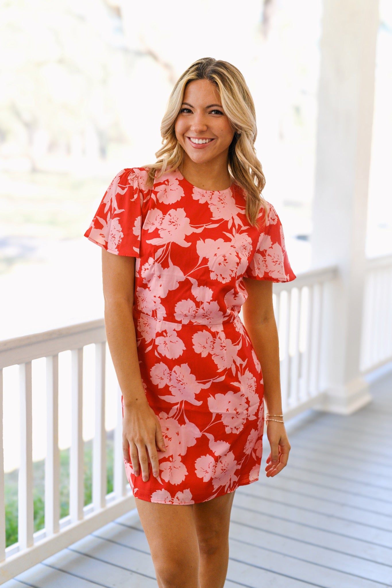 Hallie Floral Round Neck Mini Dress - Red/Pink