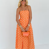 Amaya Strapless Polka Dot Midi Dress - Orange