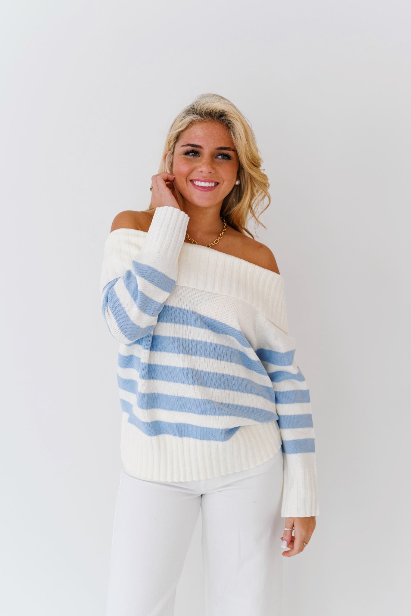 Kasey Off Shoulder Sweater-Baby Blue Striped