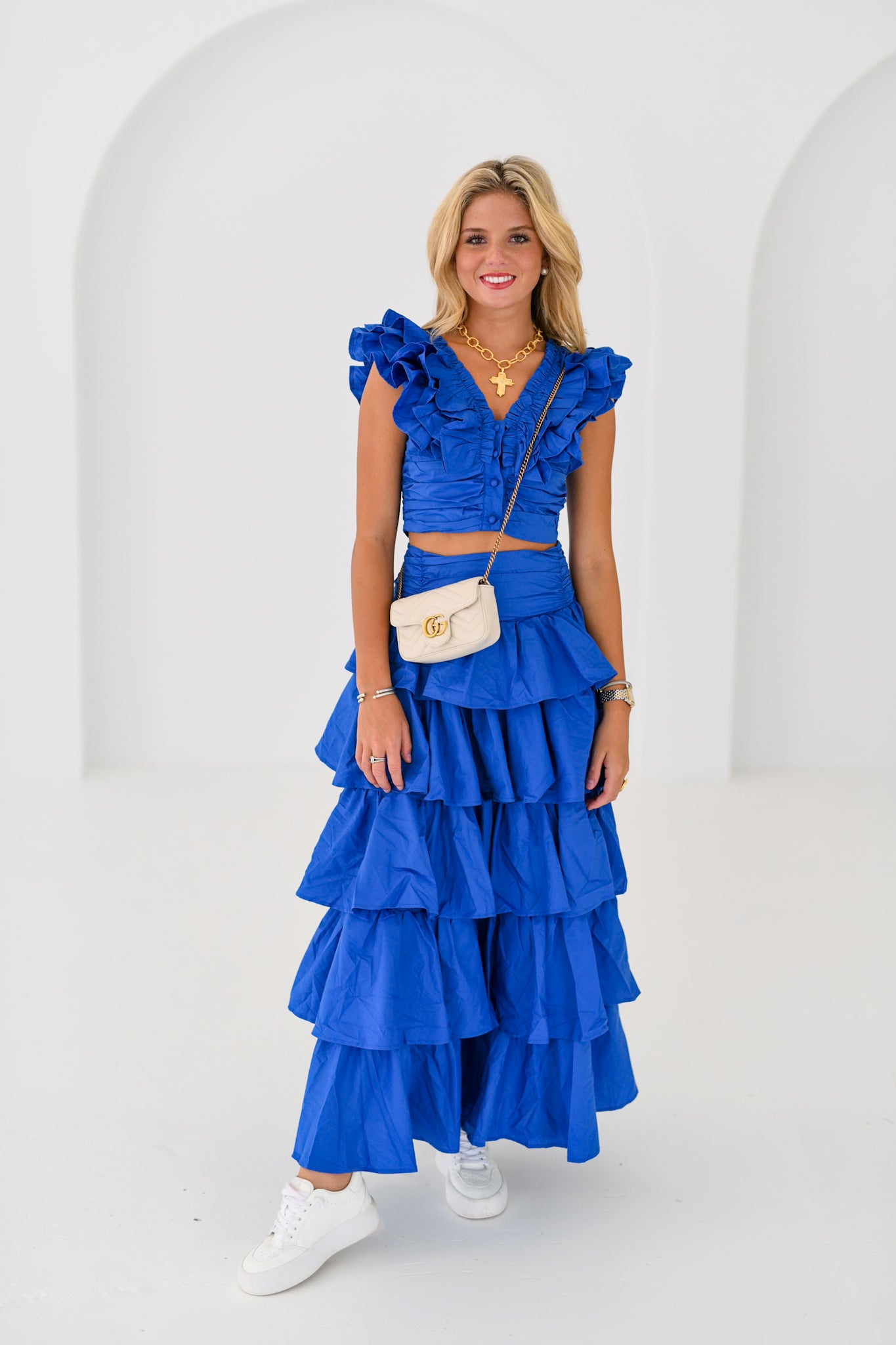 Kailey Ruffle Top and Midi Skirt Set-Blue