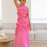 Fanci Floral Applique High Neck Maxi-Pink