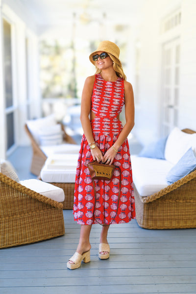 Valorie Drop Waist Cut Out Midi Dress - Red Shells