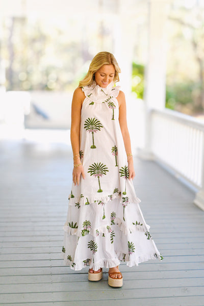 Lola Frill Neck Maxi Dress - White/Green Palm