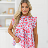 Rylee Heart Print Ruffled Sleeve Top - Blue/Red