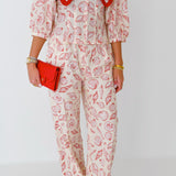 Crystal Shell Linen Pants-Cream/Red
