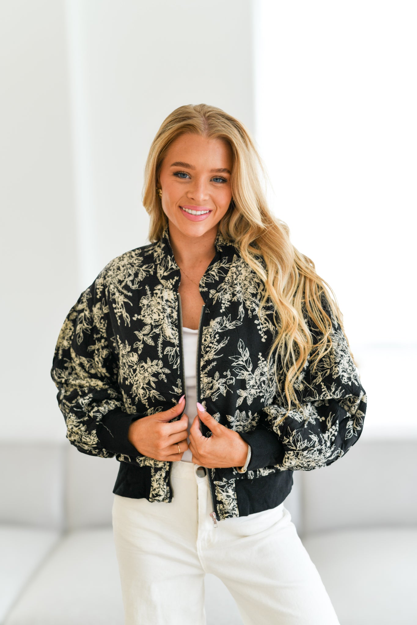 Georgia Floral Printed Bomber Jacket-Black Cream Floral