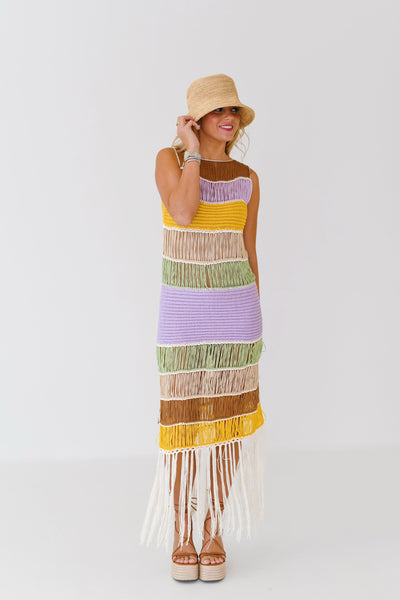 Alex Fringed Crochet Knit Dress - Lavender Multi