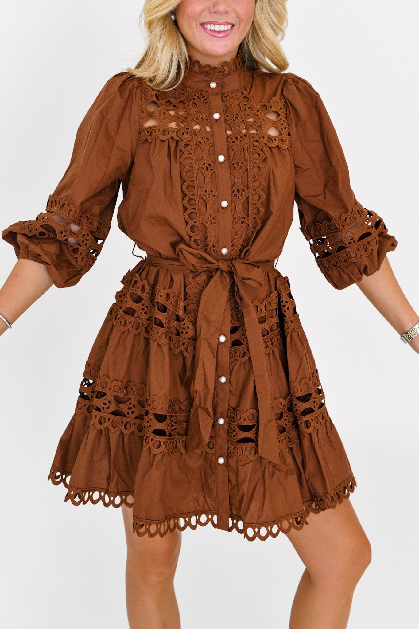 Becca Eyelet Tie Mini Dress - Brown