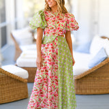Ainsley Puff Sleeve Midi Dress - Pink/Green