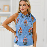 Tara Tie Top - Blue Pinstripe Floral
