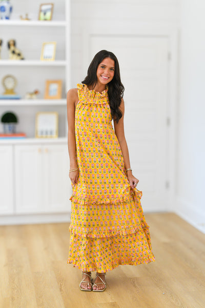 Penelope Frill Neck Maxi Dress - Yellow BlockPrint