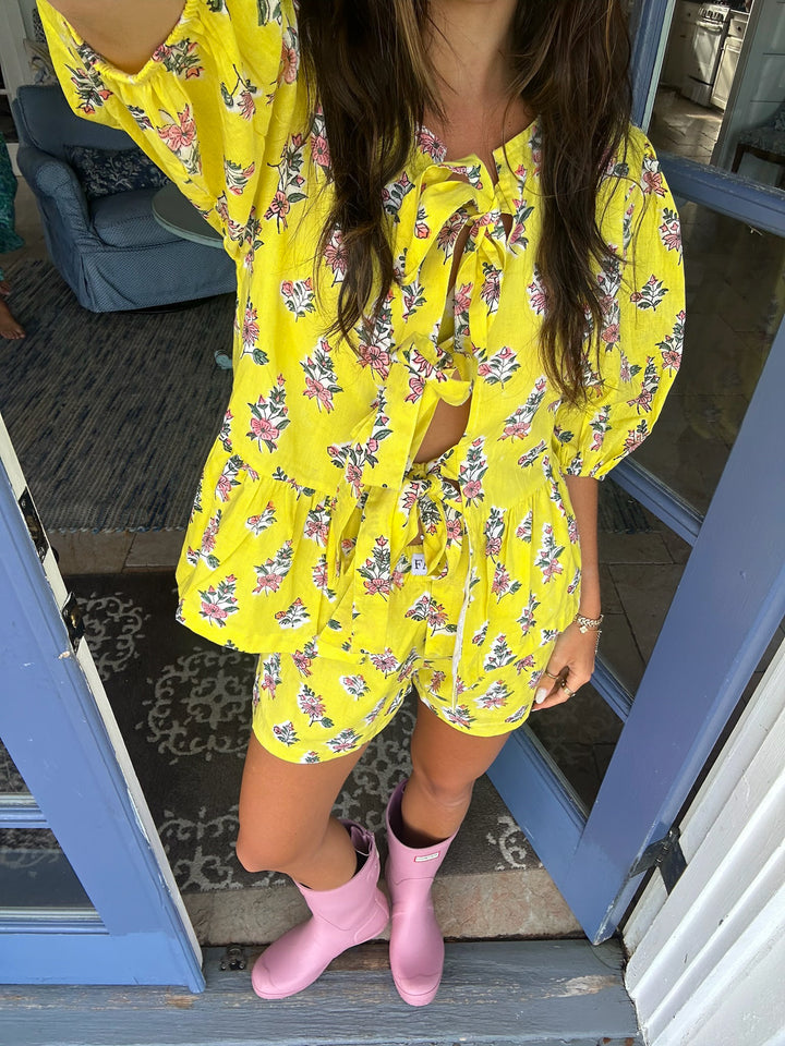 Leah Tie Front and Shorts Set - Yellow/Pink (PREORDER)