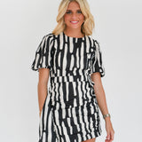 Logan Puff Sleeve Mini Dress - Black/White Abstract (PREORDER)
