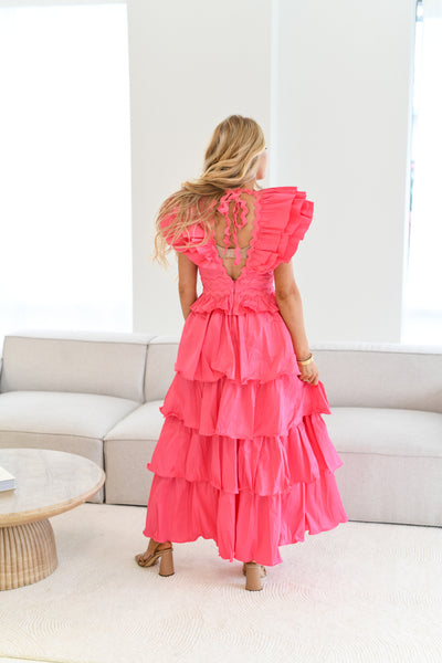 Anica Ruffle Flirty Midi Dress-Pink (PREORDER 1 WEEK)