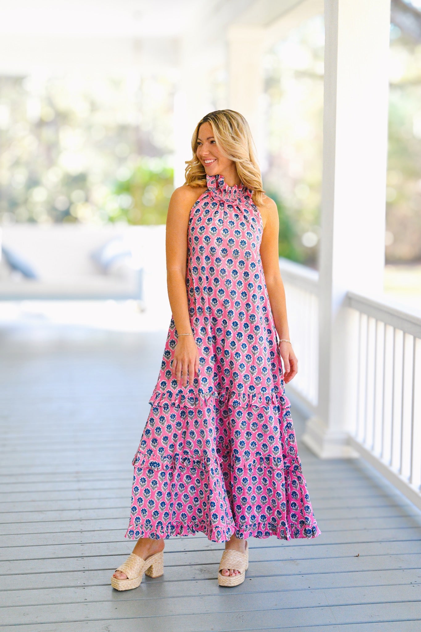 Finley Frill Neck Maxi Dress - Pink/Blue Blockprint