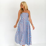 Manning Strapless Polka Dot Midi Dress - Powder Blue/Red