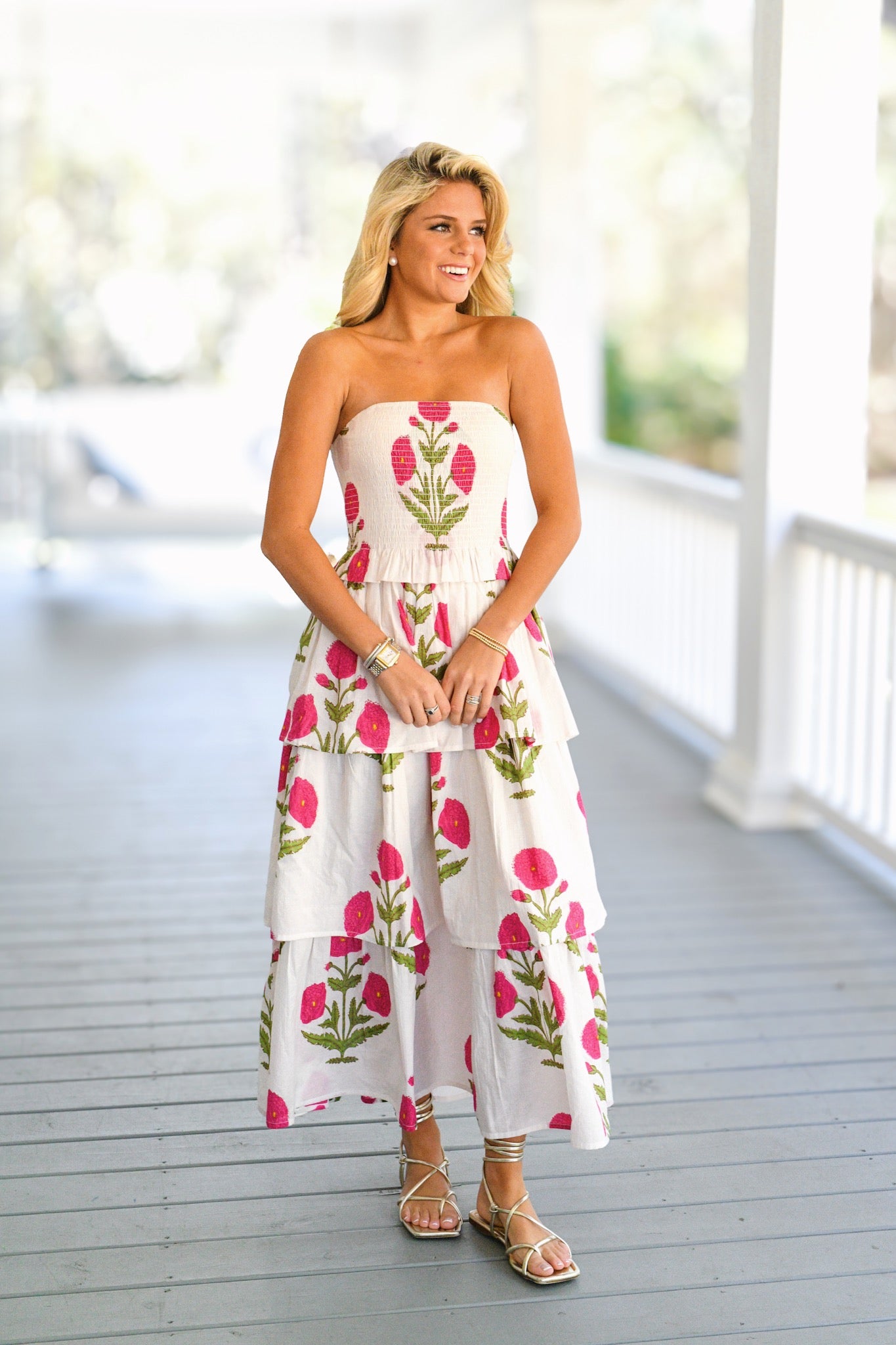 Kaylee Smocked Maxi Dress - White/Pink Floral