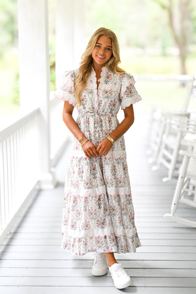 Lucy Scalloped Midi Dress - Pink/Brown Multi Print