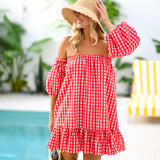 Delilah Strapless Bubble Sleeve Mini Dress - Red Gingham