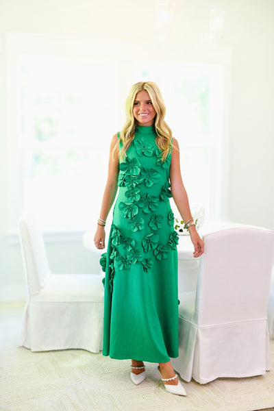 Fanci Floral Applique High Neck Maxi-Kelly Green