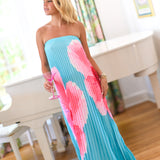 Haley Printed Pleated Maxi Tube Dress - Teal/Pink