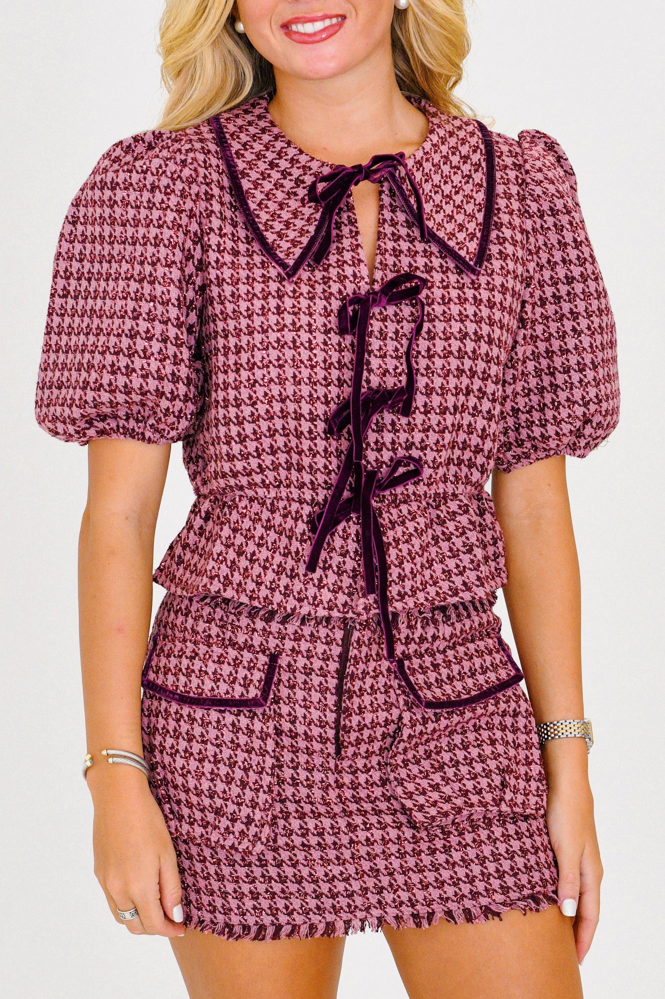 Feebee Houndstooth Tweed Blouse - Mauve