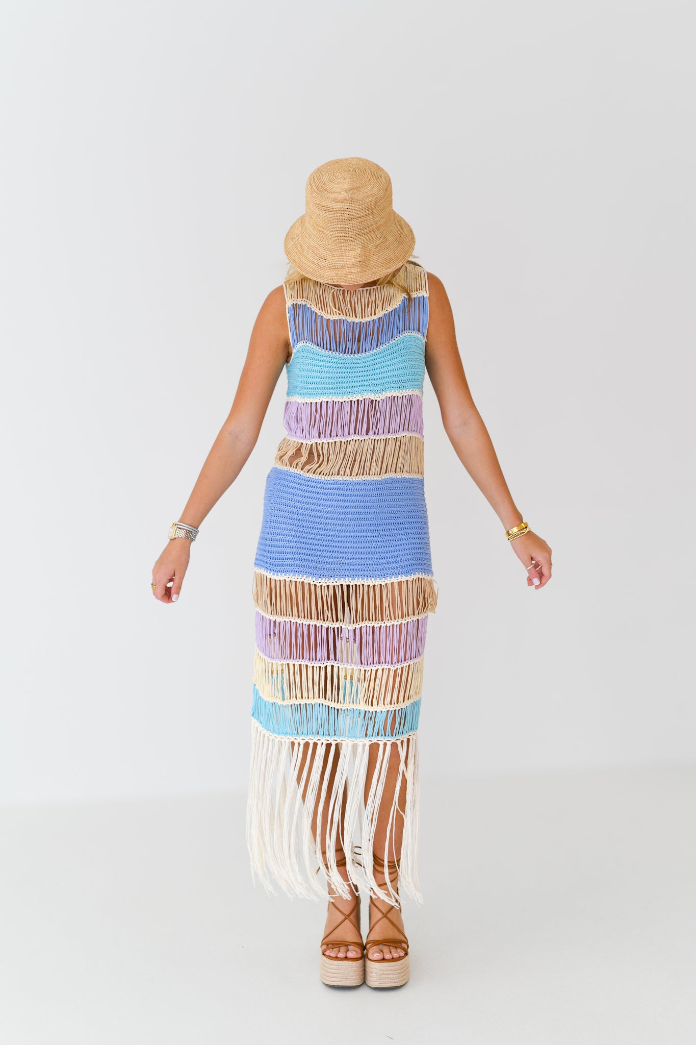 Kassidi Fringed Crochet Knit Dress - Periwinkle Multi