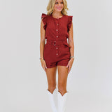 Riley Twill Button Up Romper-Burgundy