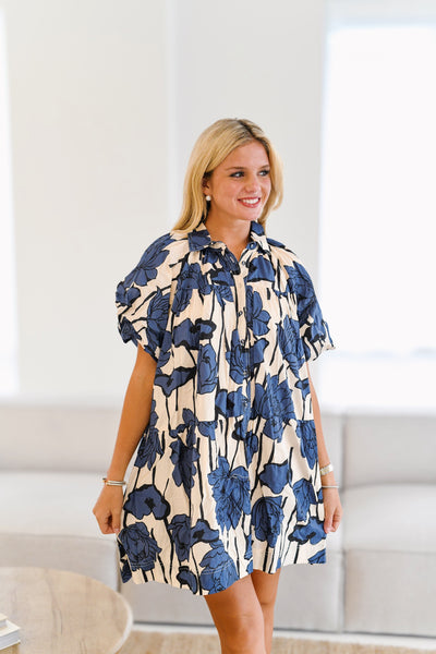 Kim Bubble Sleeve Shirt Dress - Blue