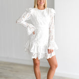 Laney Lace Ruffle Long Sleeve Mini Dress-White