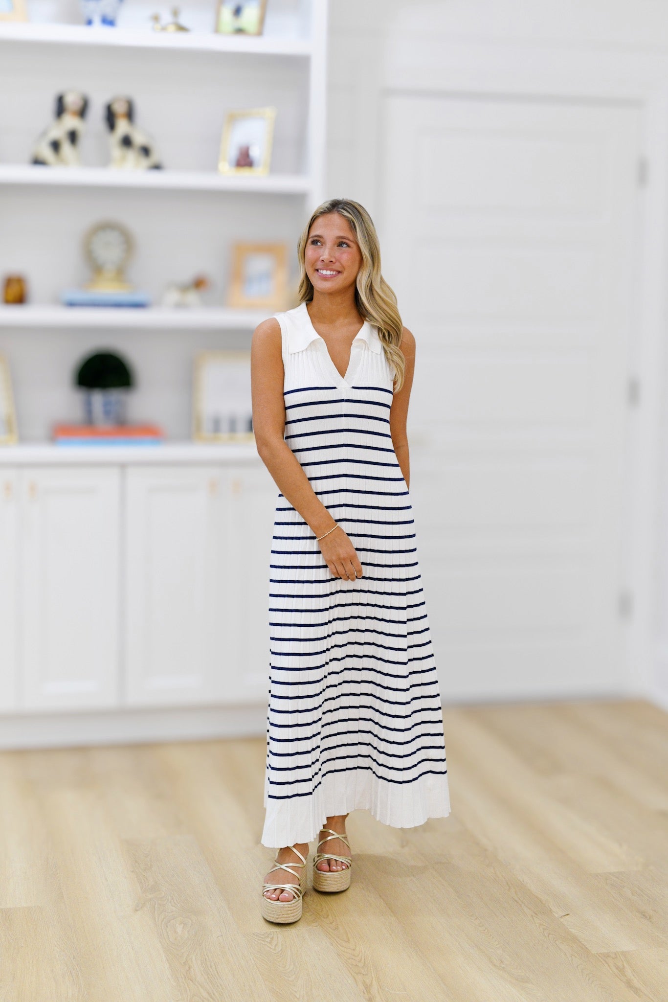 Camila Sleeveless Midi Dress - Off White/Navy