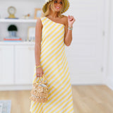 Hanna Striped One Shoulder Dress - Yellow/White