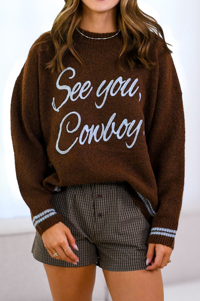 See you, Cowboy! Pullover Sweater-Chocolate Brown