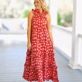 Court Frill Neck Maxi Dress - Red